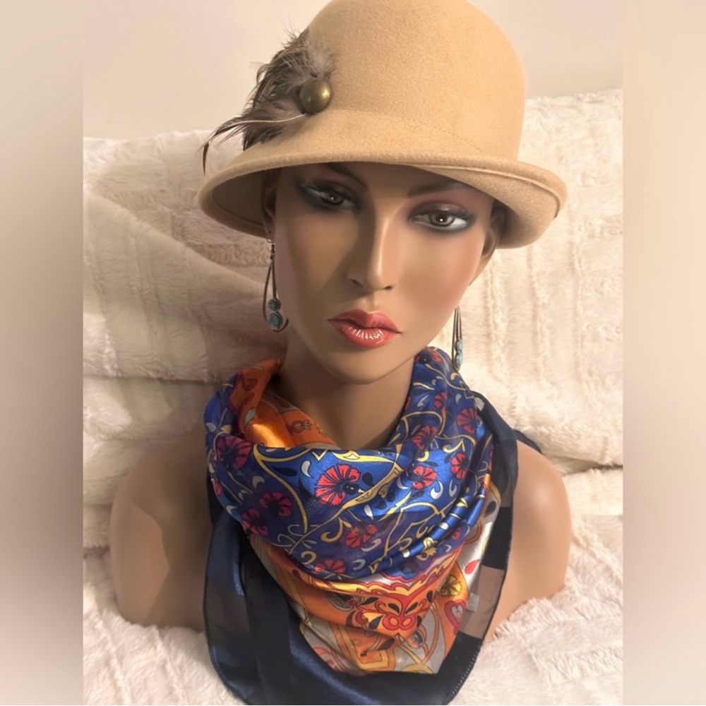 Jessica Simpson Tan Cloche Hat Feather Accent